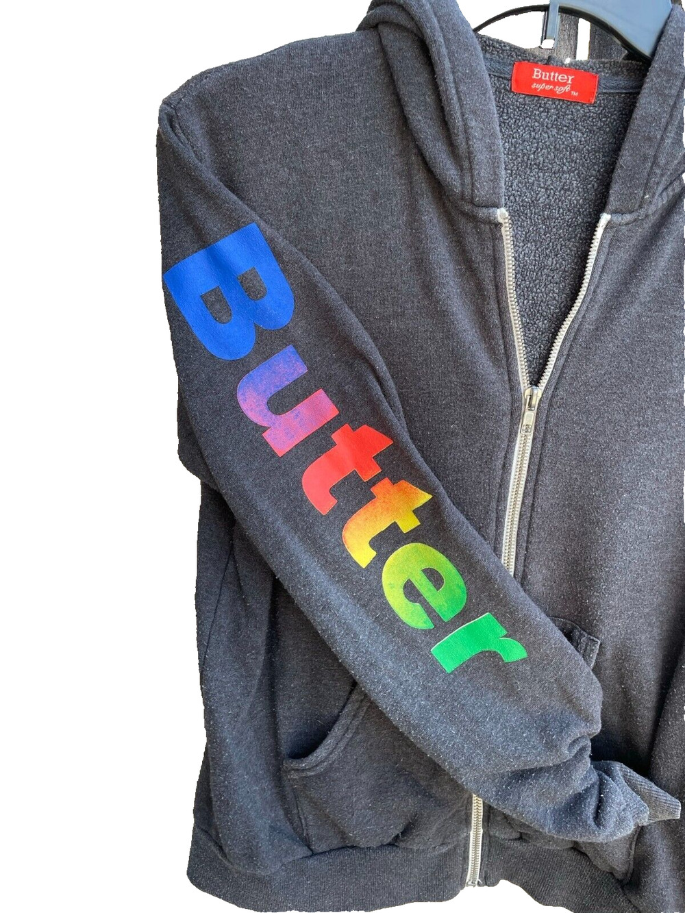 VTG Butter Super Soft Kids Zip Up Dark Gray Hoodie LOVE Peace ROCK & ROLL 1 Size